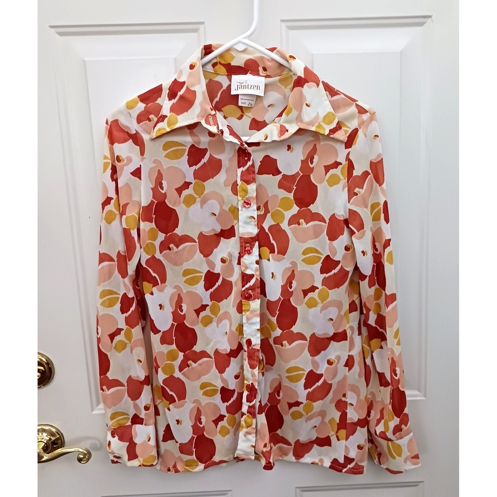 Vtg‎ Jantzen Button Up Shirt Blouse Floral Long Sleeves Semi Sheer Size Small